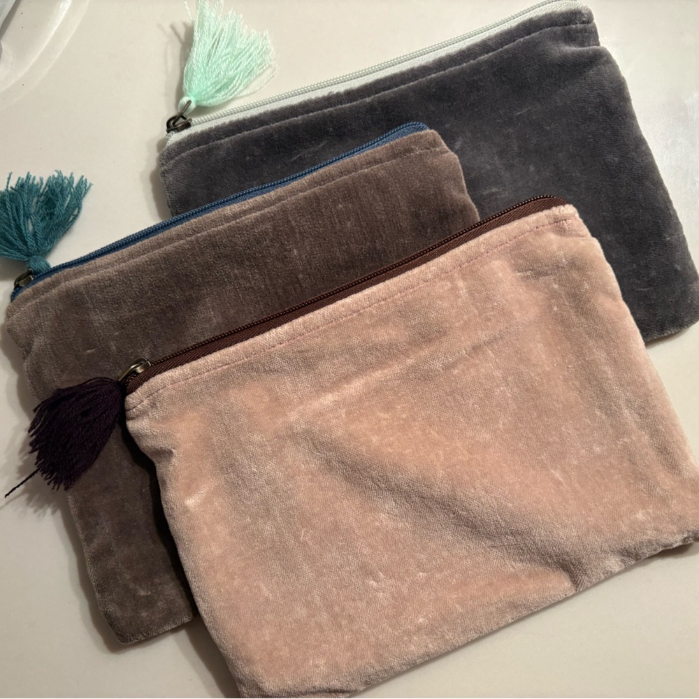 Velvet Zipper Pouches Pink Gray/Green & Brown - Set of 3
